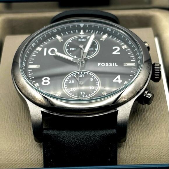 Fossil Bennett BQM7089 Mens 45mm Black Dial Black Leather Multifunction Quartz - Picture 8 of 17